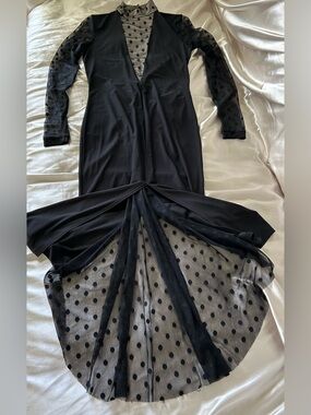 Black Polka Dot Mesh Long Sleeve Tango Dance Dress Size Small